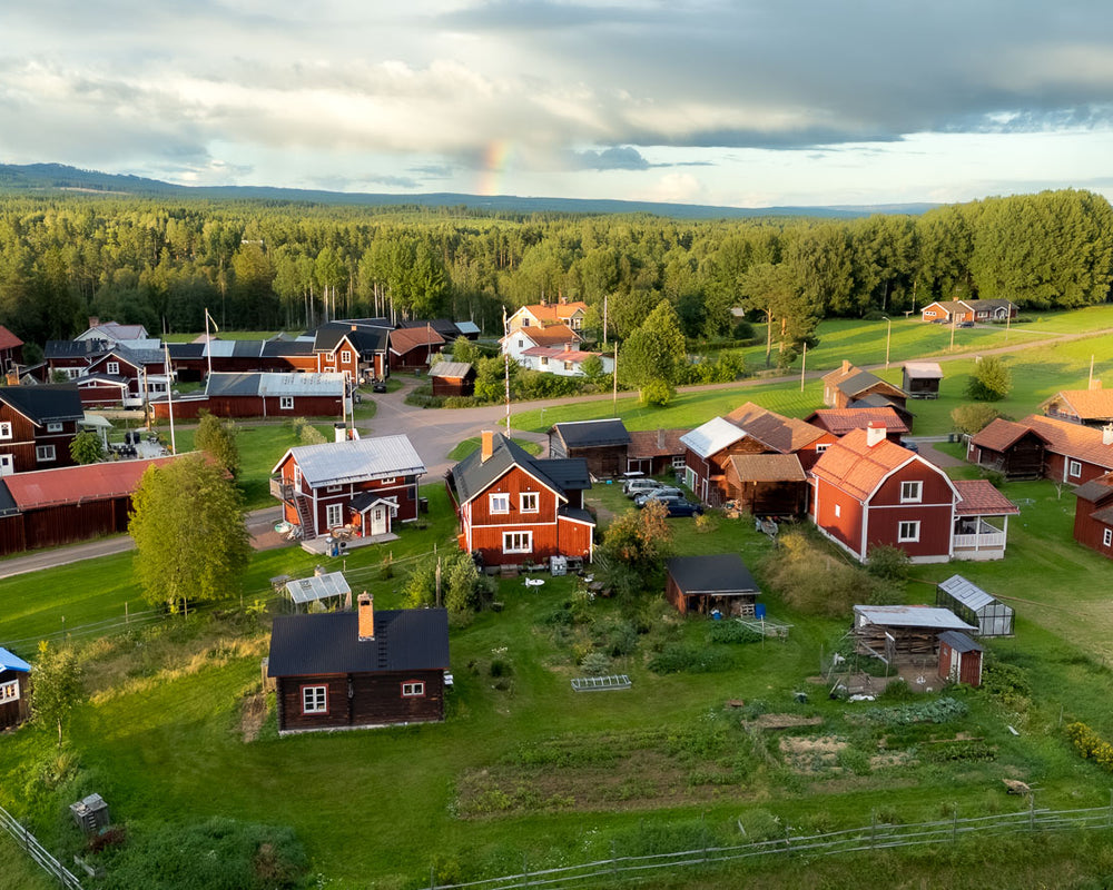 Drönarbild över en by med röda dalagårdar omgivet av skog och öppna landskap i kvällsljus.